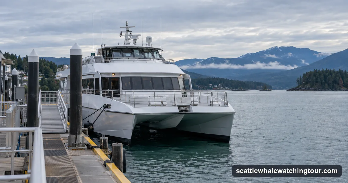 A white passenger catamaran moored at an empty pier on an overcast morning, forested islands behind