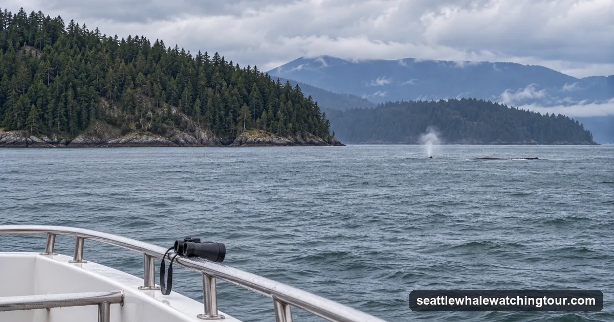 An empty boat deck with binoculars resting on the rail, a distant whale's blow over grey-green water and forested islands