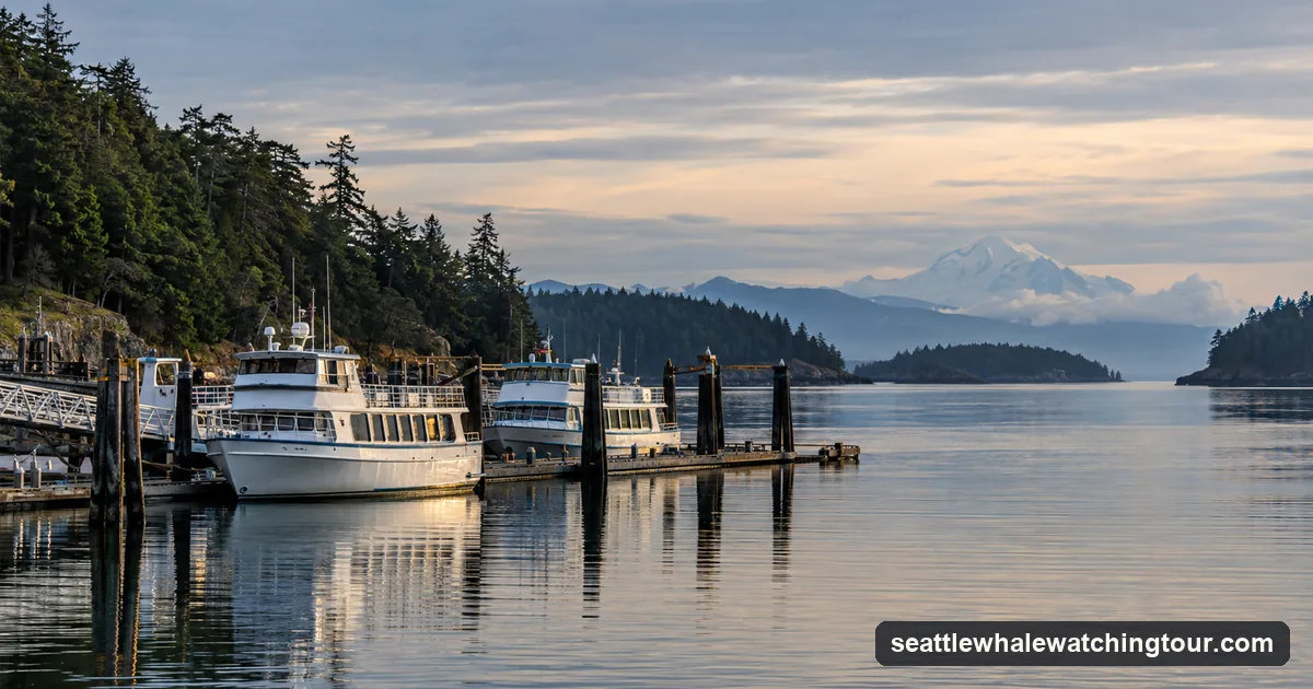 Whale-watching boats moored at a quiet harbour in Anacortes in the early morning, a snow-capped volcano on the horizon