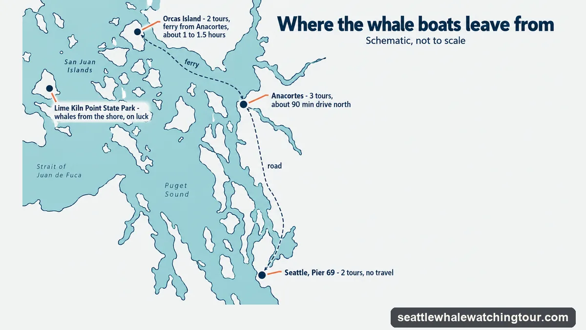 Schematic map of whale-watching departures near Seattle: Pier 69 in Seattle, Anacortes about 90 minutes north, Orcas Island by ferry from Anacortes, and Lime Kiln Point State Park for viewing from shore